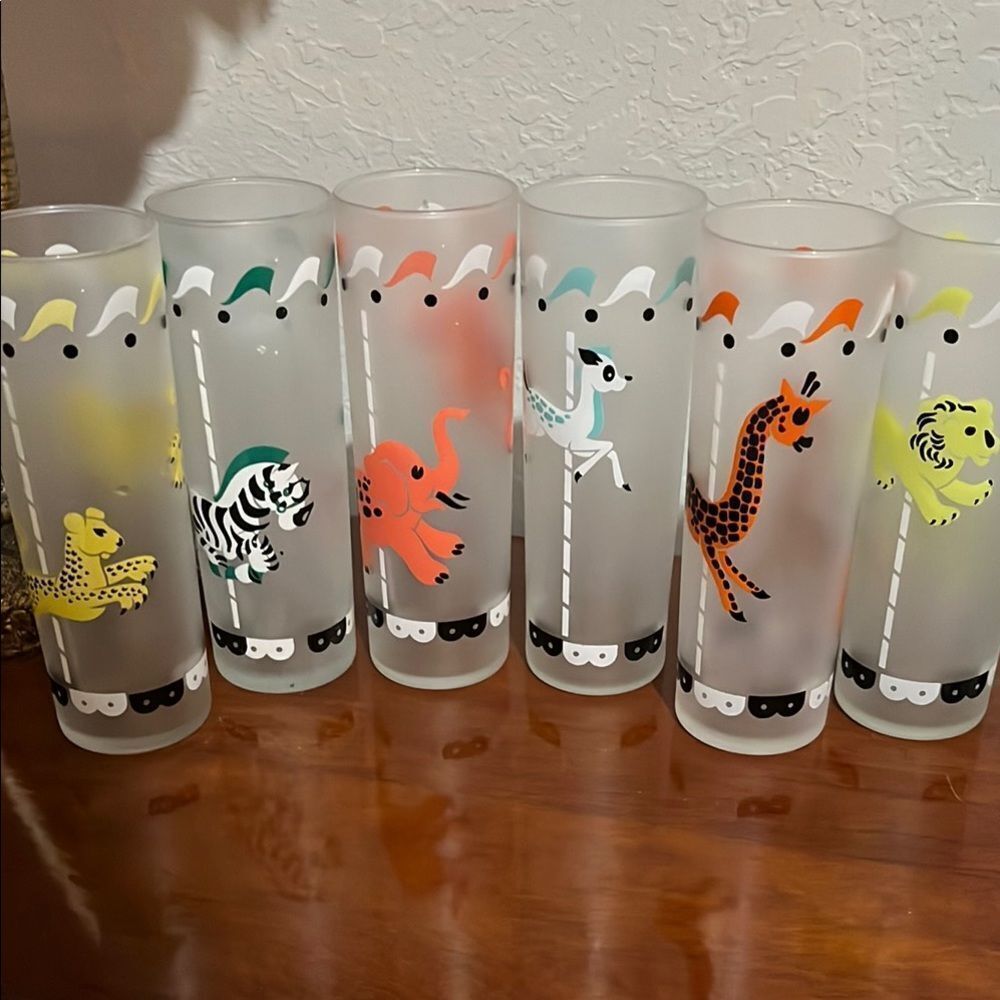 Libbey MCM Six Frosted Animal Carousel Glasses  A ! 10oz 1950’s